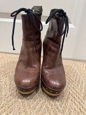 Vintage Marni « Tronchetto » Brown Leather and Wood Platform Ankle Boots Size 37